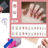 Premium Quality 24 Artificial Nails Mix Range Coffin & Normal Size Nails in a Box Included with Dotted Glue, Filler & Stick adjuster