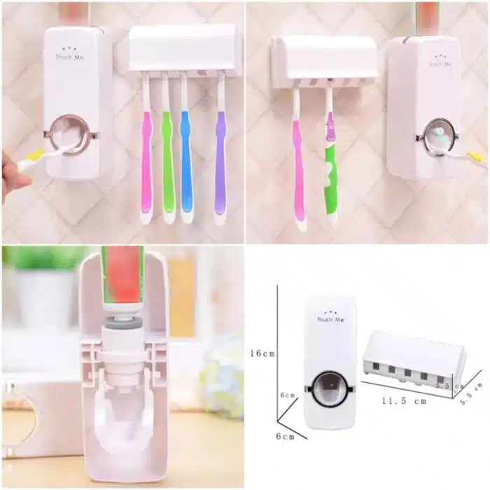 Automatic Toothpaste Dispenser, Press to Paste Toothpaste Squeezer and 5 Toothbrush Holders Bathroom Organizer