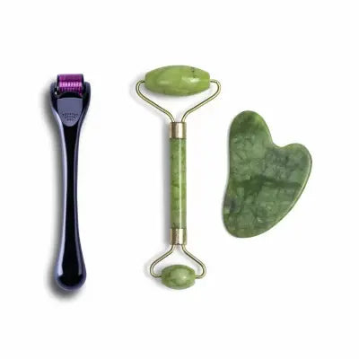 Facial Beauty Guasha Jade Roller Set In Marble - Green